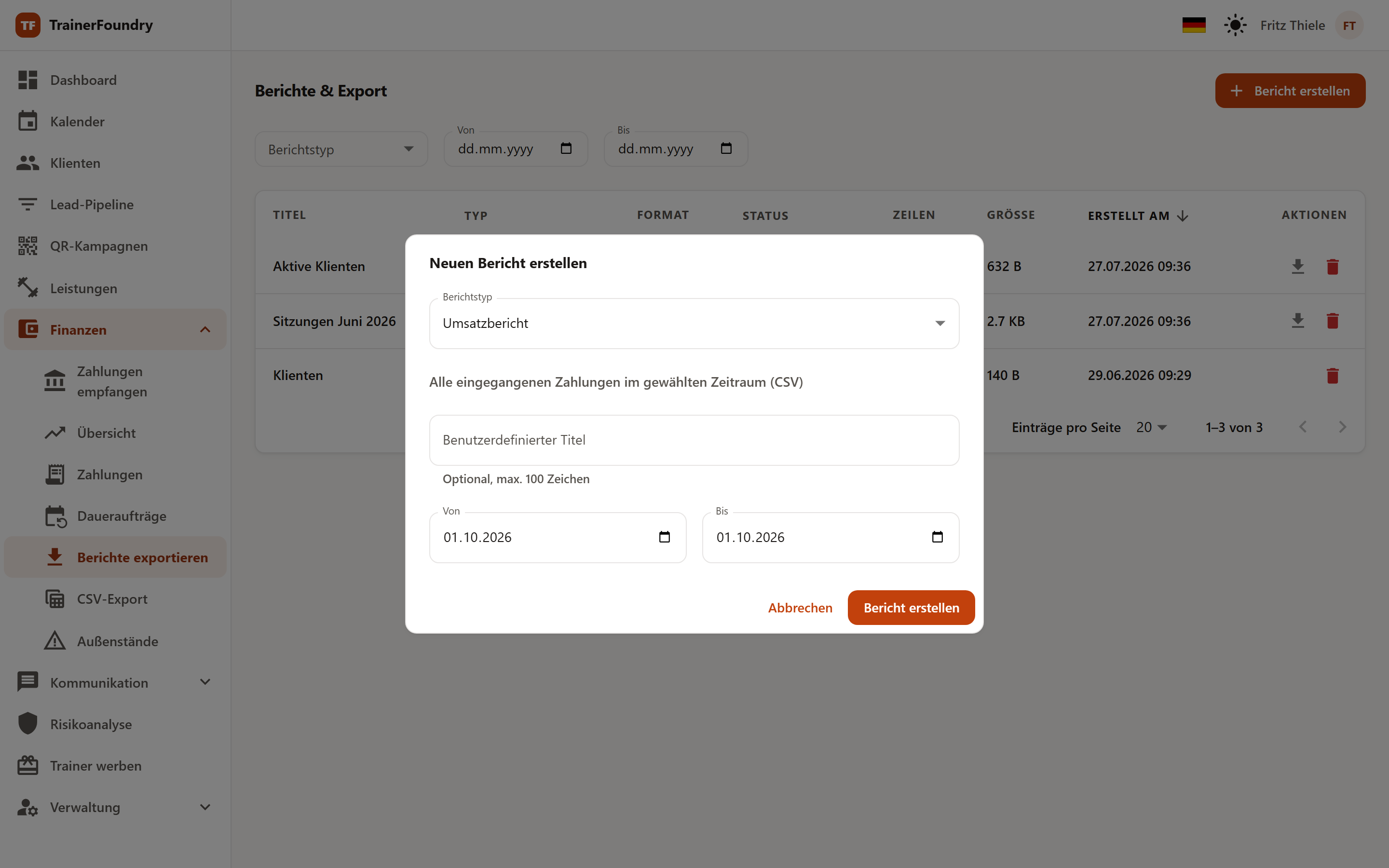 Der Dialog „Neuen Bericht erstellen“ mit Berichtstyp, benutzerdefiniertem Titel und den Feldern Von und Bis, ohne Formatwahl.