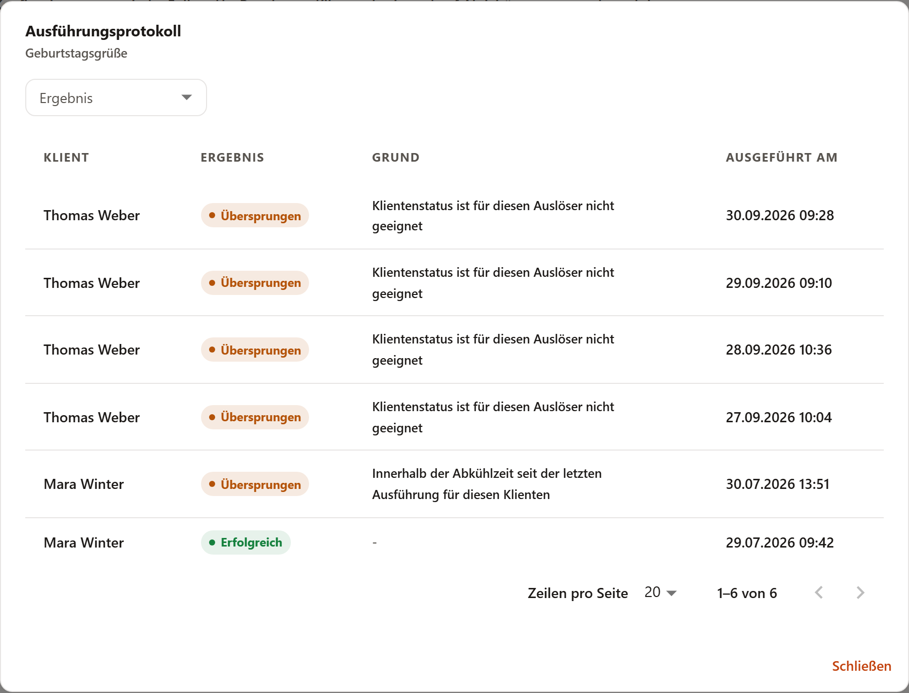 Das Ausführungsprotokoll der Regel „Geburtstagsgrüße“ mit erfolgreichen und übersprungenen Zeilen, jeweils mit Klientenname, Ergebnis, Grund und Zeitpunkt — übersprungen etwa wegen der Abkühlzeit oder weil der Klientenstatus nicht zum Auslöser passt.