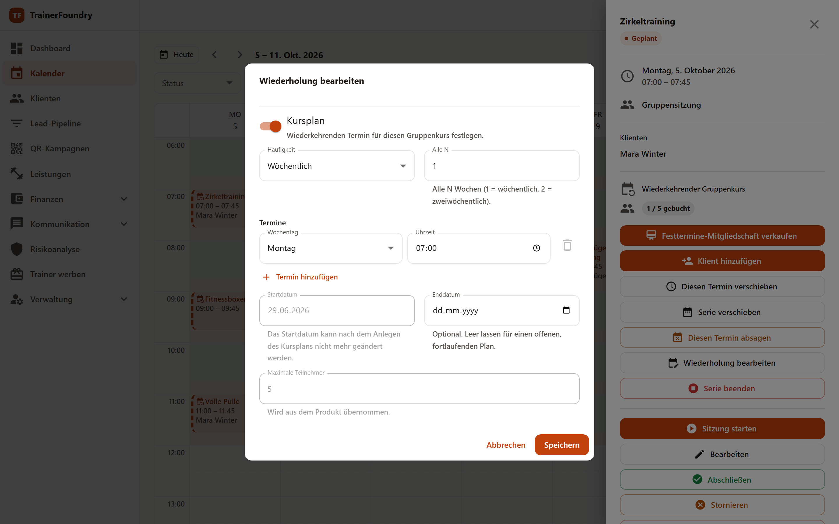 Das Kursplan-Formular einer Trainingsart mit Frequenz, Wochentagen, Uhrzeiten und Kapazität.