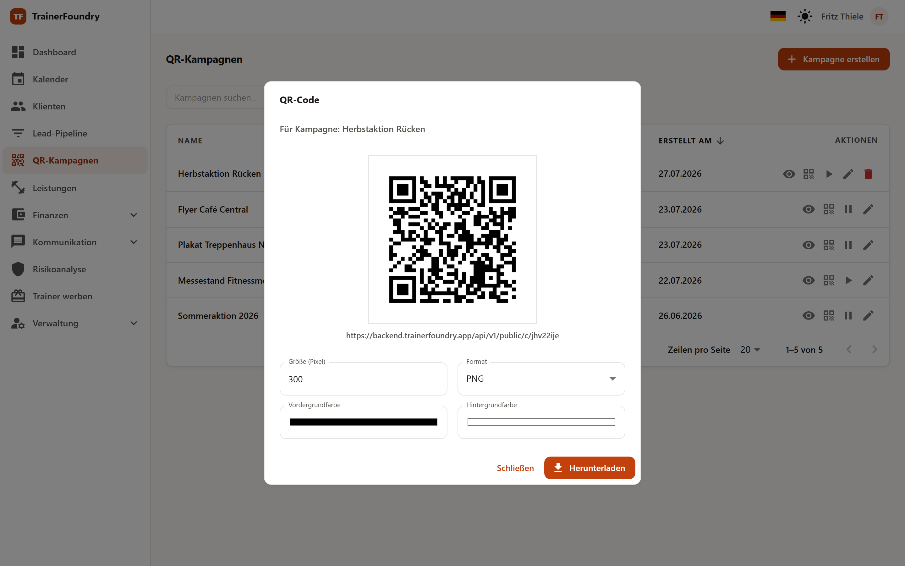 Der Dialog „QR-Code“ mit der Vorschau des Codes, den Einstellungen für Größe, Format, Vordergrund- und Hintergrundfarbe sowie der Schaltfläche Herunterladen.