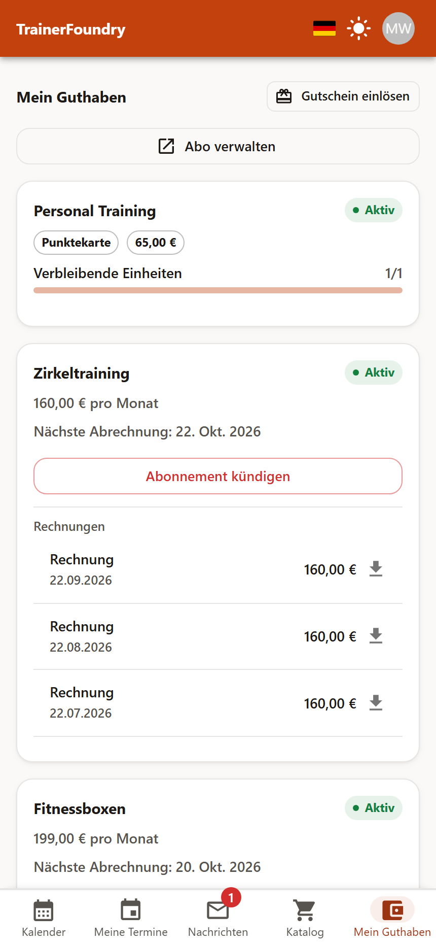 Der Reiter „Mein Guthaben“ mit einem Paket als Punktekarte und darunter zwei aktiven Mitgliedschaften samt Monatspreis und nächstem Abrechnungsdatum, bei der ersten die Aktion „Abonnement kündigen“ und ihre Rechnungen zum Herunterladen.
