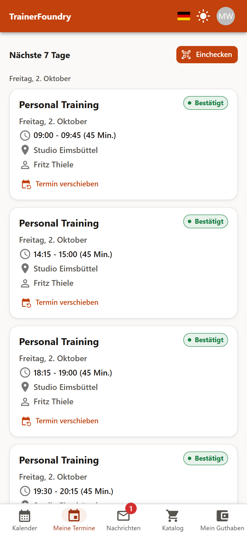 Der Reiter „Meine Termine“ mit vier Terminkarten am selben Tag, jeweils mit Trainingsart, Uhrzeit, Dauer, Standort, der Marke „Bestätigt“ und der Aktion „Termin verschieben“.
