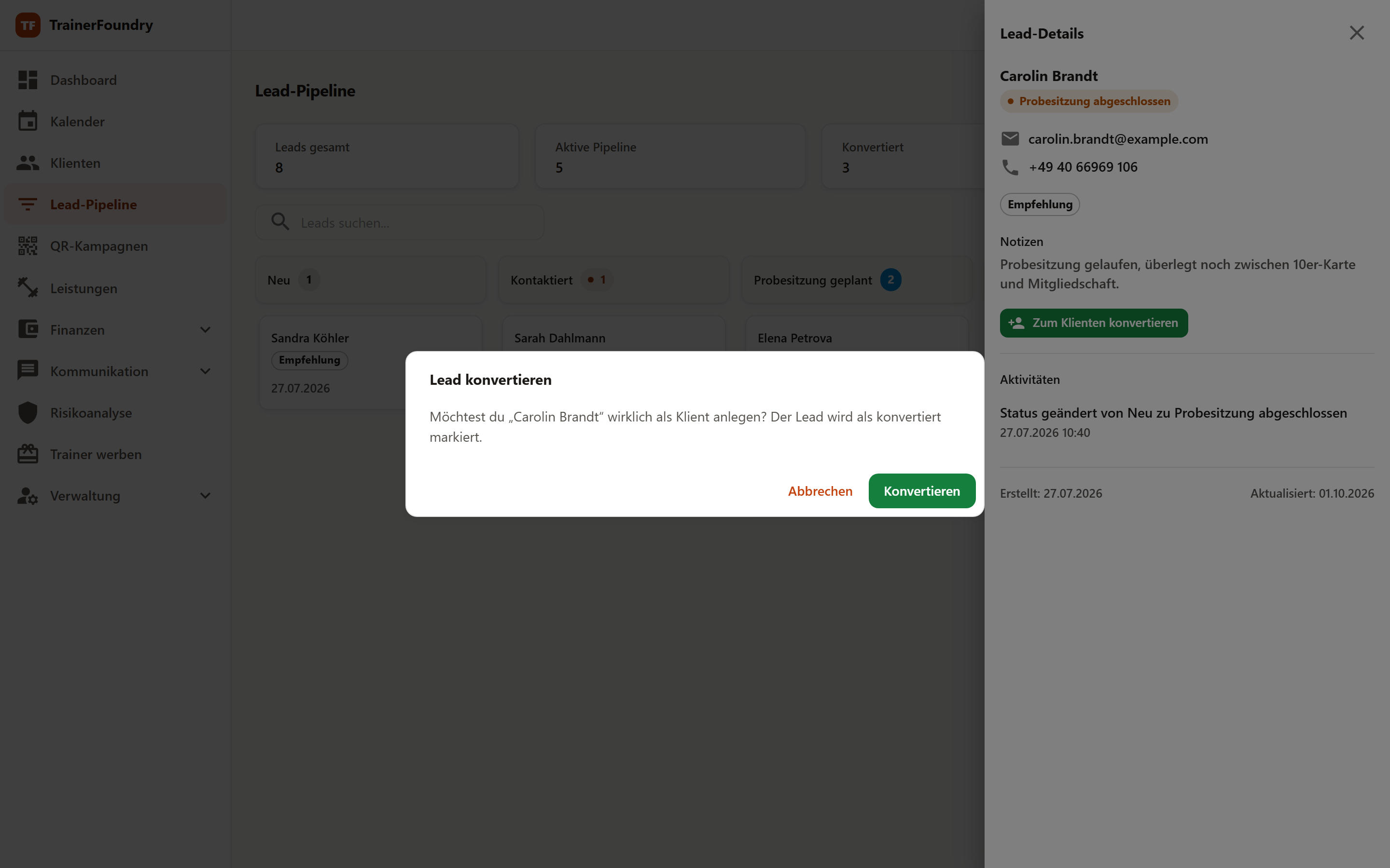 Der Dialog „Lead konvertieren“ mit der Rückfrage, ob die Person wirklich als Klient angelegt werden soll.