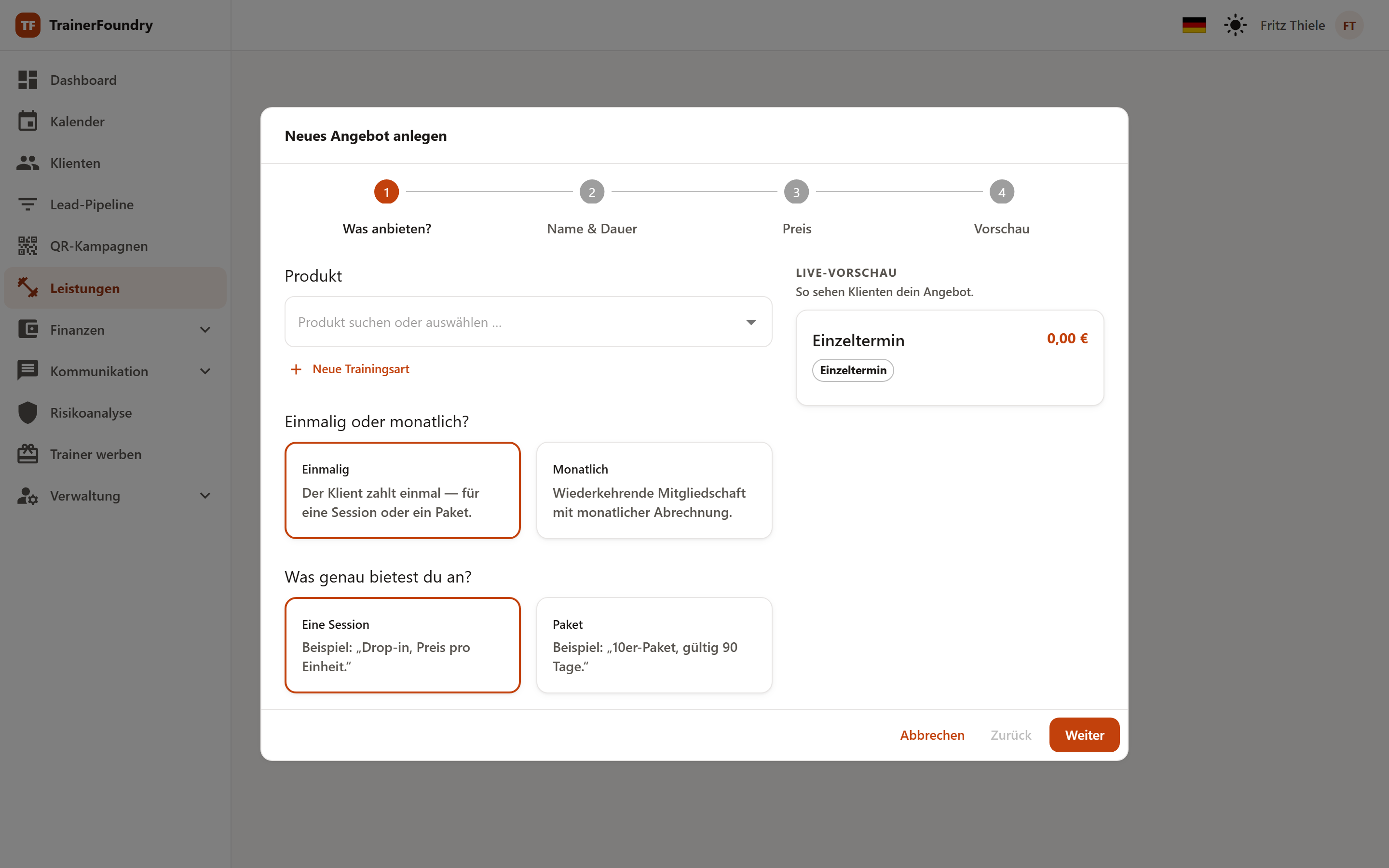 Der Angebots-Assistent in TrainerFoundry mit der Auswahl der Angebotsvariante und der Live-Vorschau.