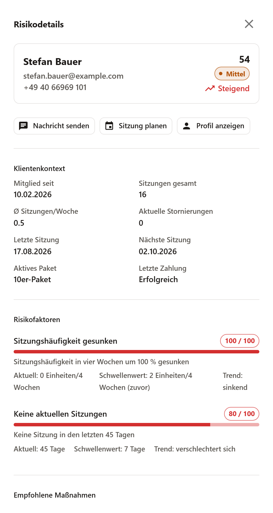 Die Detailleiste eines Klienten mit Score 54, Stufe Mittel und Trend steigend, den Aktionen Nachricht senden, Sitzung planen und Profil anzeigen, dem Klientenkontext sowie zwei Risikofaktoren mit Balken und Werten.