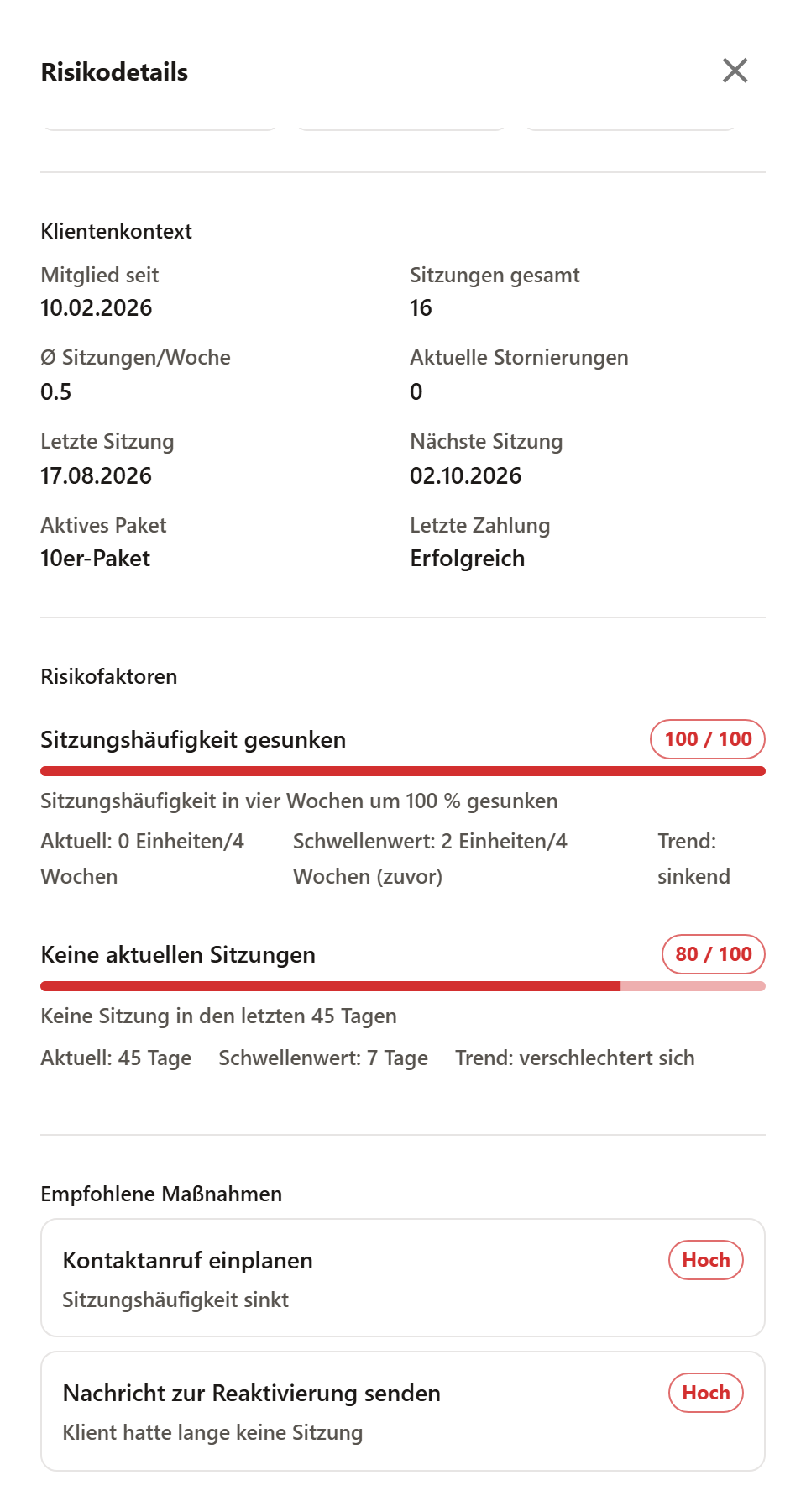 Die Detailleiste weiter unten gescrollt: die Risikofaktoren und darunter der Abschnitt „Empfohlene Maßnahmen“ mit zwei Vorschlägen, beide mit der Priorität Hoch.