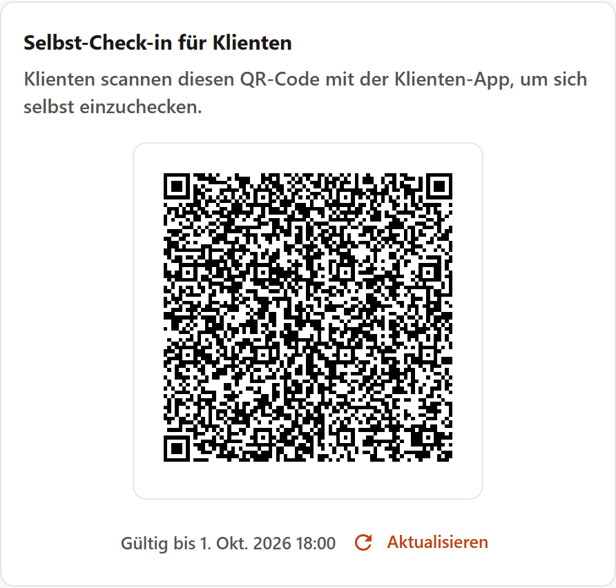 Der Bereich „Selbst-Check-in für Klienten“ mit QR-Code, Gültigkeitsdauer und der Schaltfläche Aktualisieren.