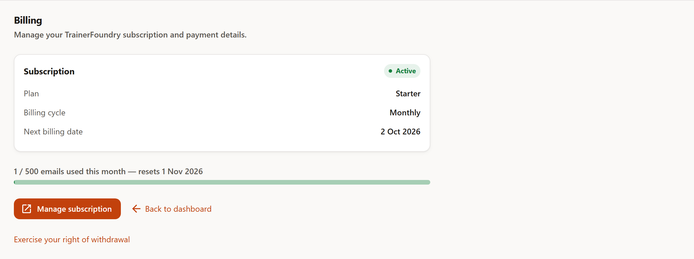The 'Billing' page with the Subscription card (Active badge, Starter plan, Monthly billing cycle, next billing date 2 Oct 2026), the monthly email-usage bar (resets 1 Nov 2026) and the 'Manage subscription' button.