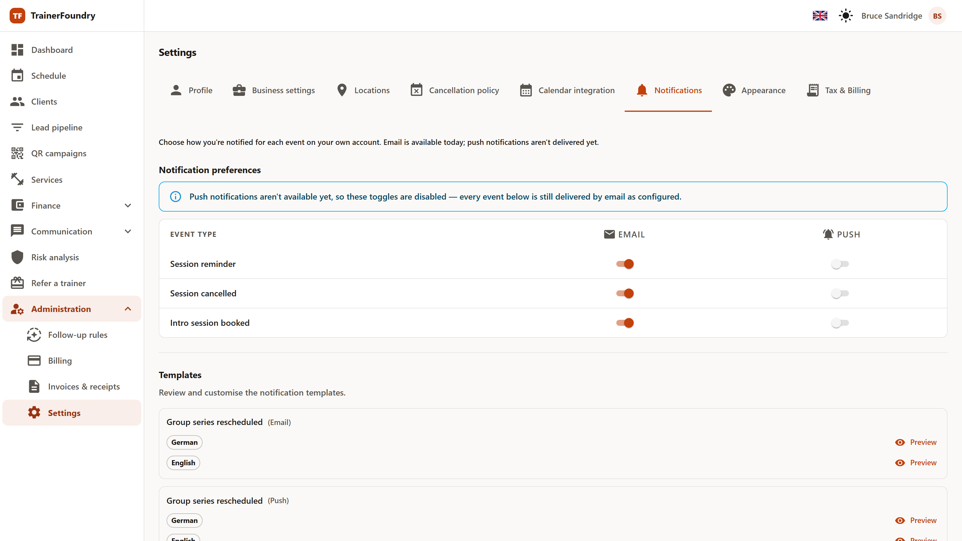 The notification settings with a table of event types and toggles per channel.