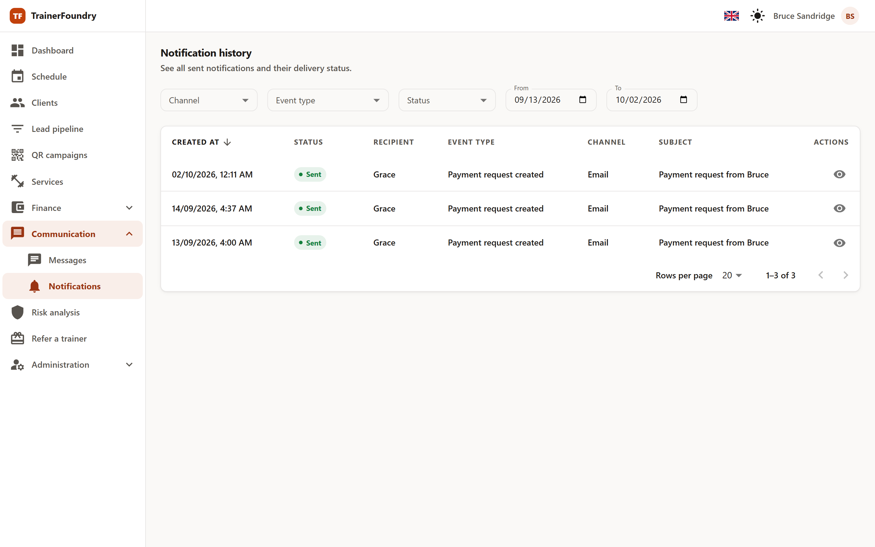 The send history: a table with creation time, status, recipient, event type, channel and subject for each message sent, with the channel, event type, status and date-range filters above it.