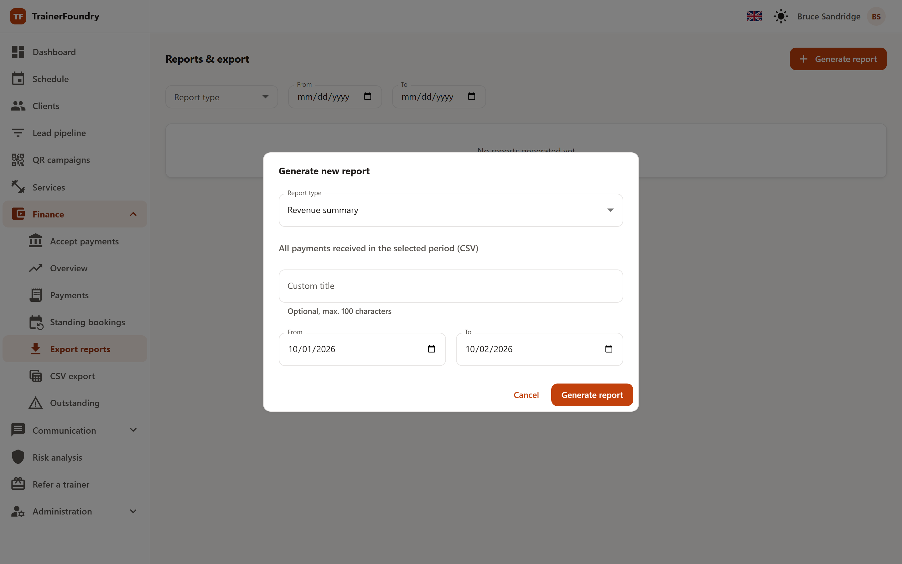 The 'Generate new report' dialog with report type, a custom title and the From/To fields, with no format choice.