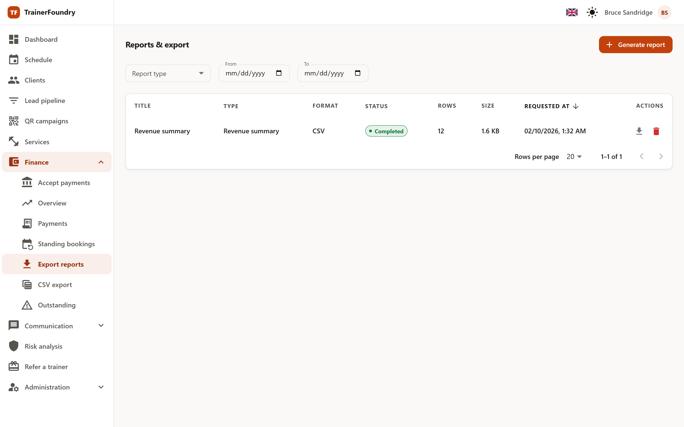 The reports list with the filters for report type and period, and the table of title, type, format, status, rows, size and date requested.