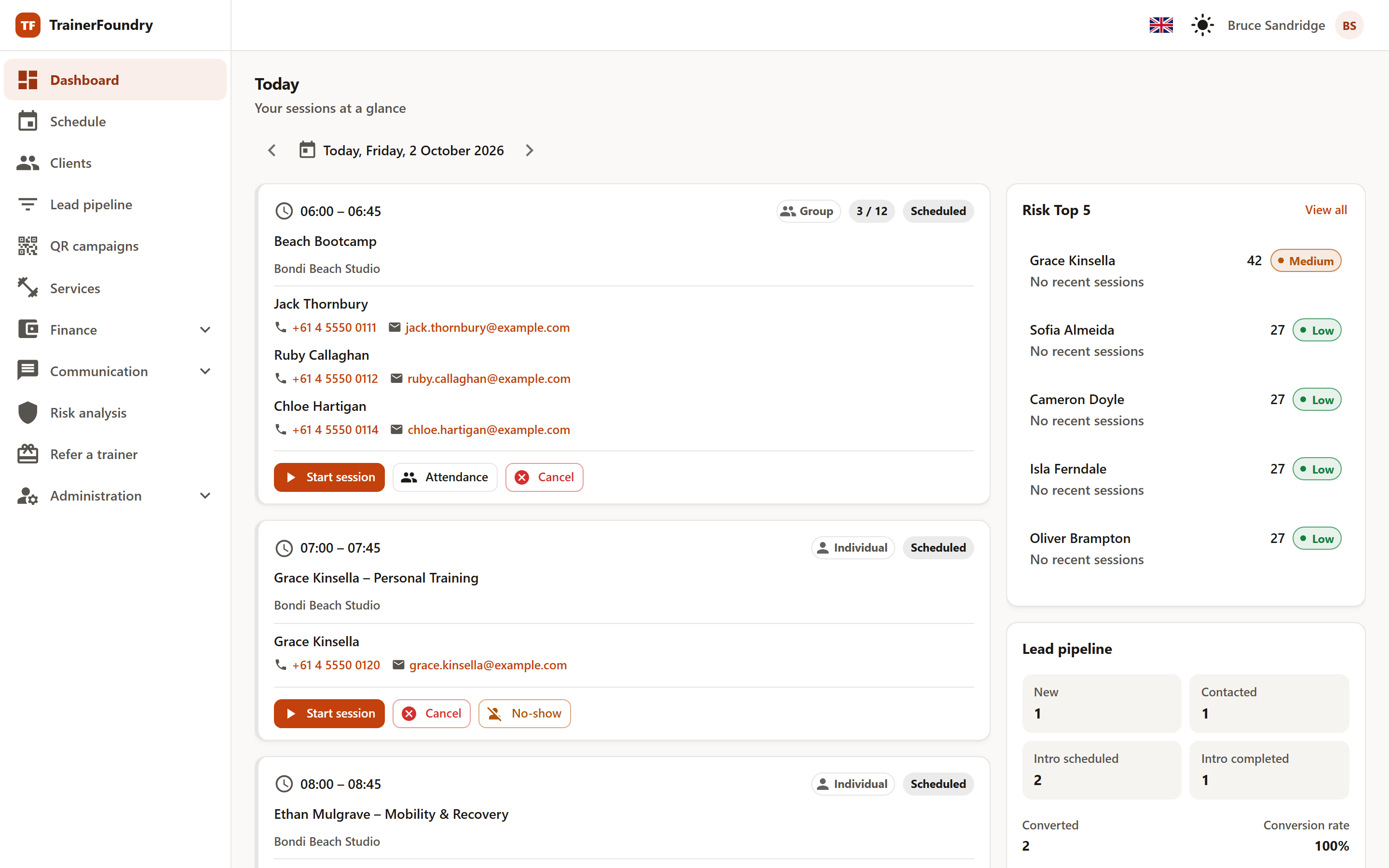 The “Today” dashboard: on the left the day's list of session cards with their quick actions, on the right the “Risk Top 5” and “Lead pipeline” cards.