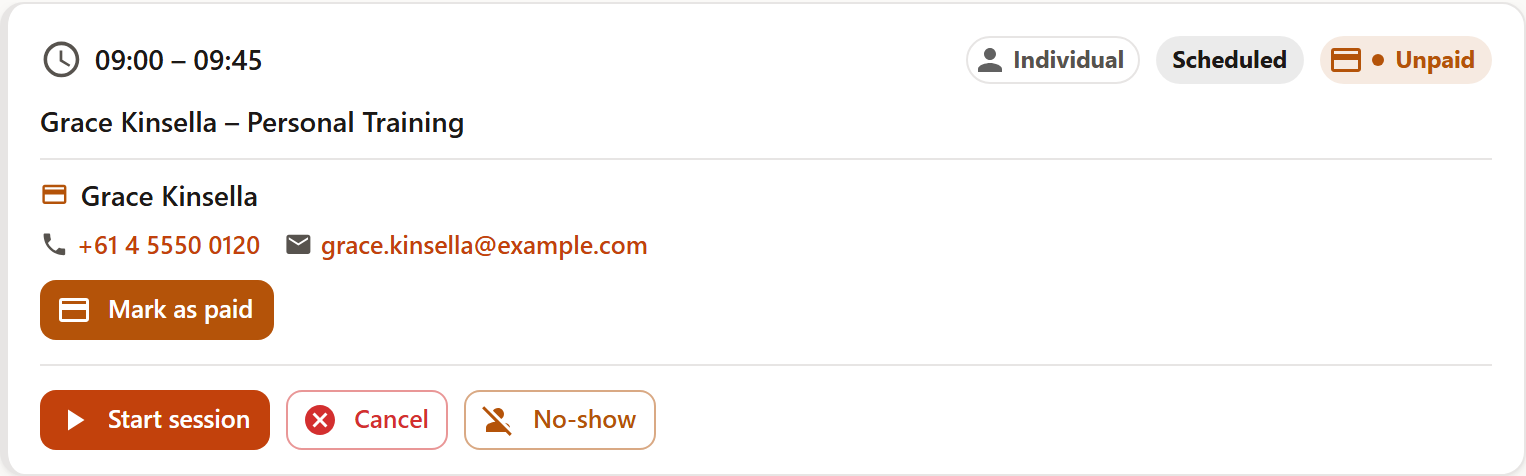 A session card with the “Unpaid” badge, the marked client, and the “Mark as paid” button.