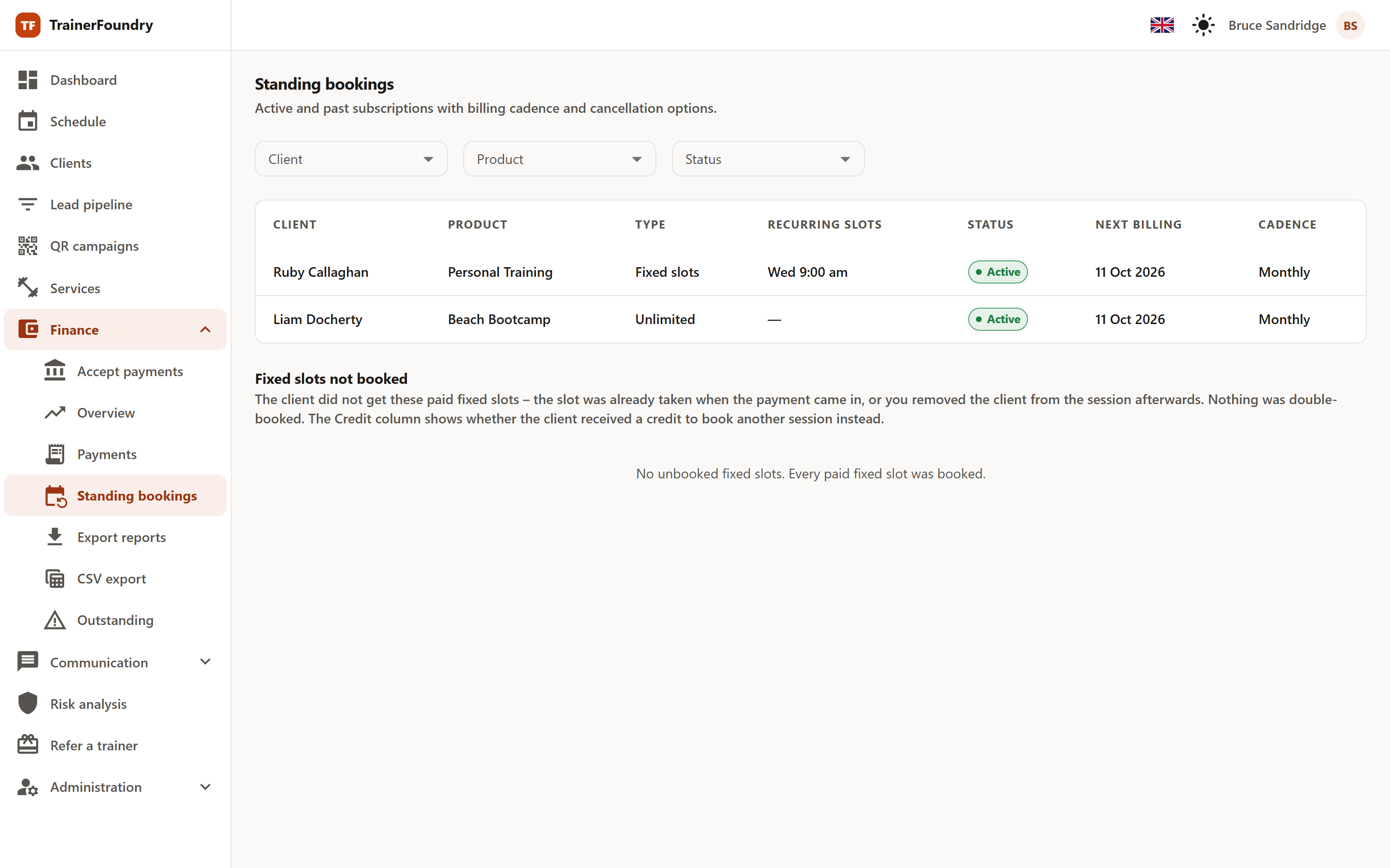 The standing bookings overview with the table of client, product, type, recurring slots, status, next billing and cadence.