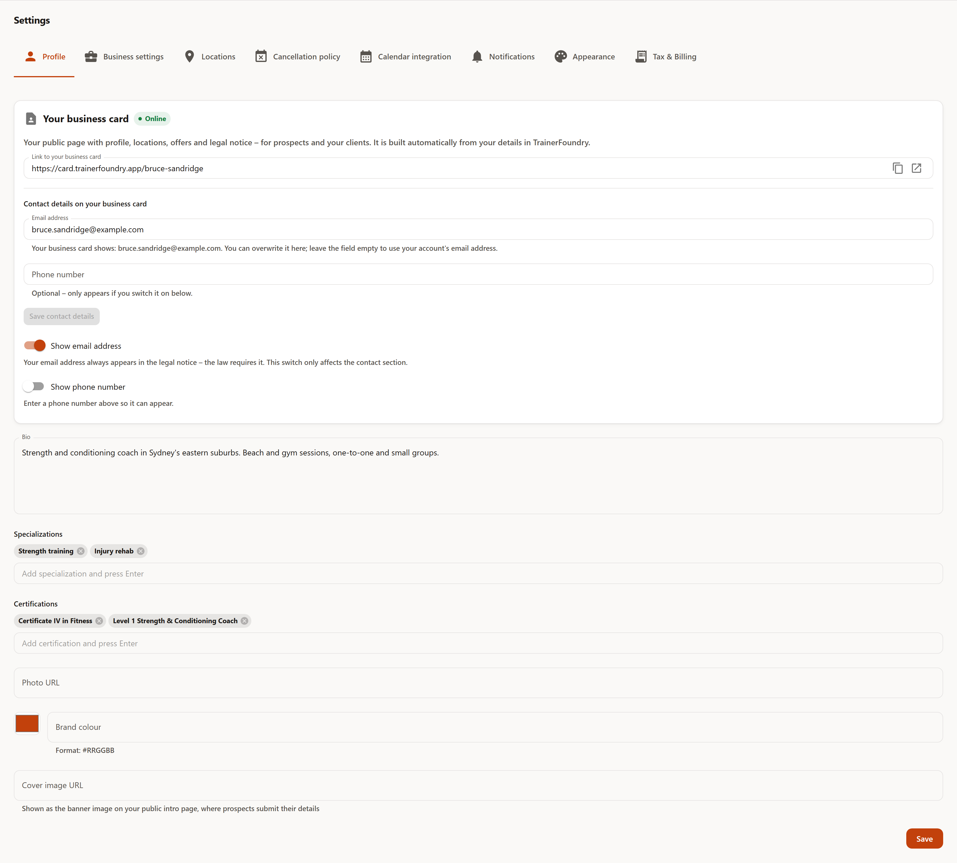 The Profile tab: at the top the “Your business card” card with the Online status, the link to the business card, the contact details email address and phone number, and the switches to show them; below it the Bio, Specializations and Certifications fields as chips, Photo URL, brand colour with a colour picker, and Cover image URL.