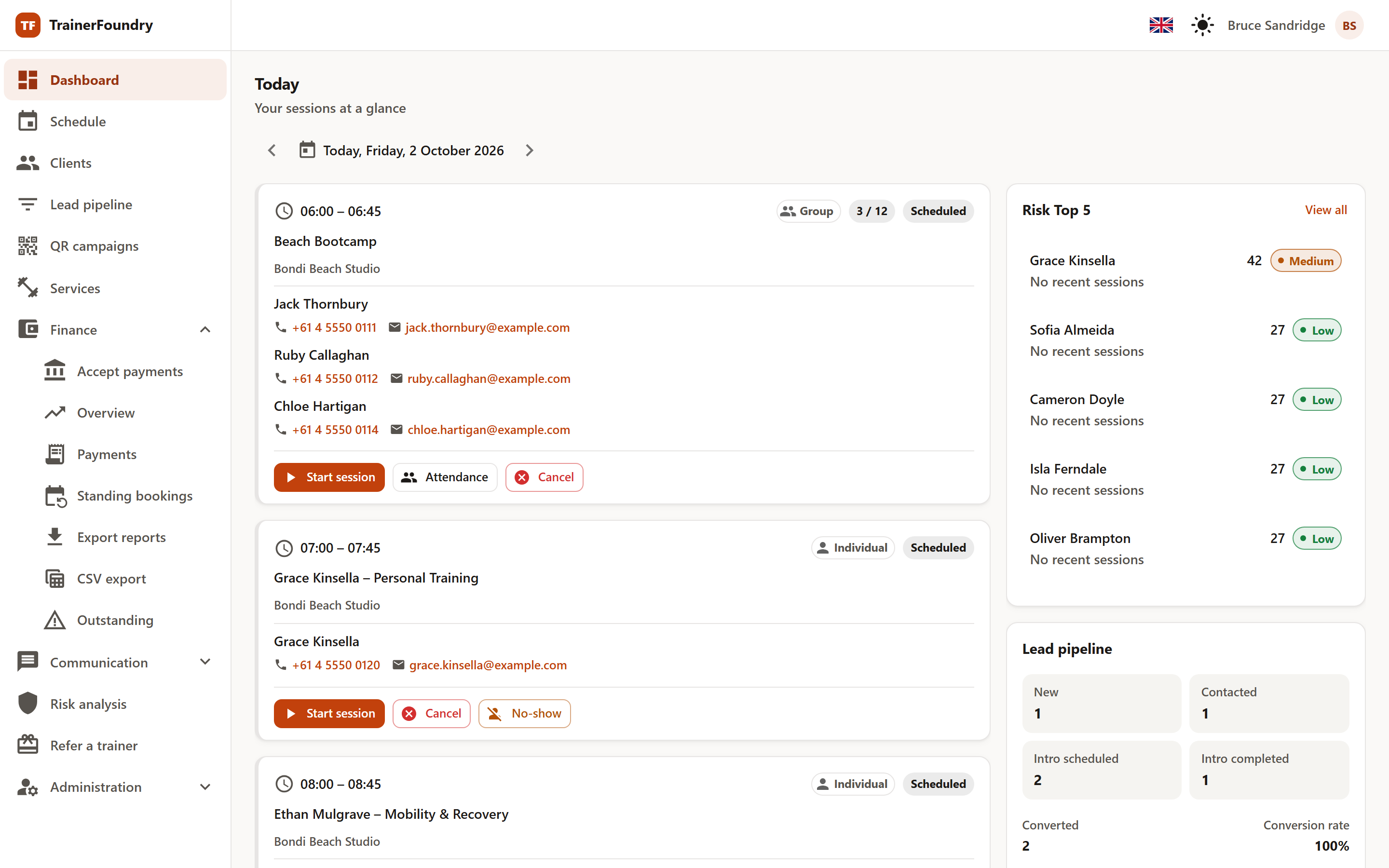 The app with the sidebar expanded: Dashboard, Schedule, Clients, Lead pipeline, QR campaigns, Services, the open Finance group with its seven entries, then Communication, Risk analysis, Refer a trainer and Administration. Top right: language, theme and the profile menu.