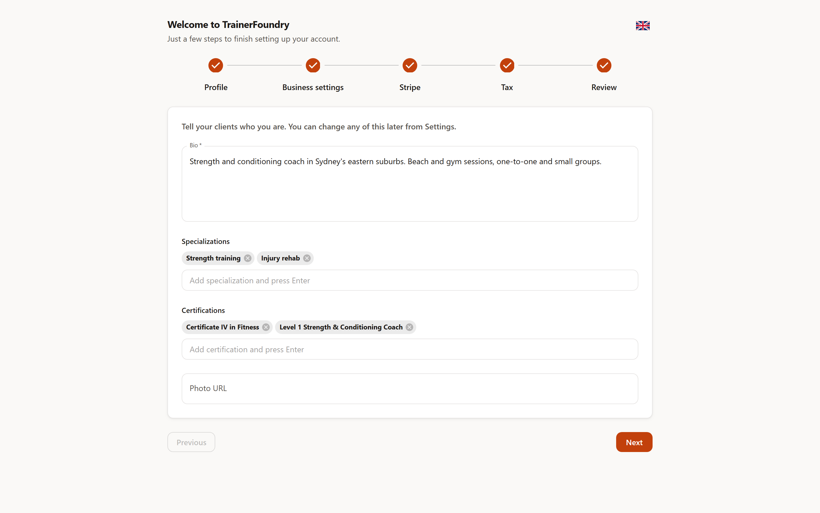 The 'Profile' step of the setup wizard with the progress bar across the five steps, the required Bio field, the Specializations and Certifications lists, and the Photo URL field.