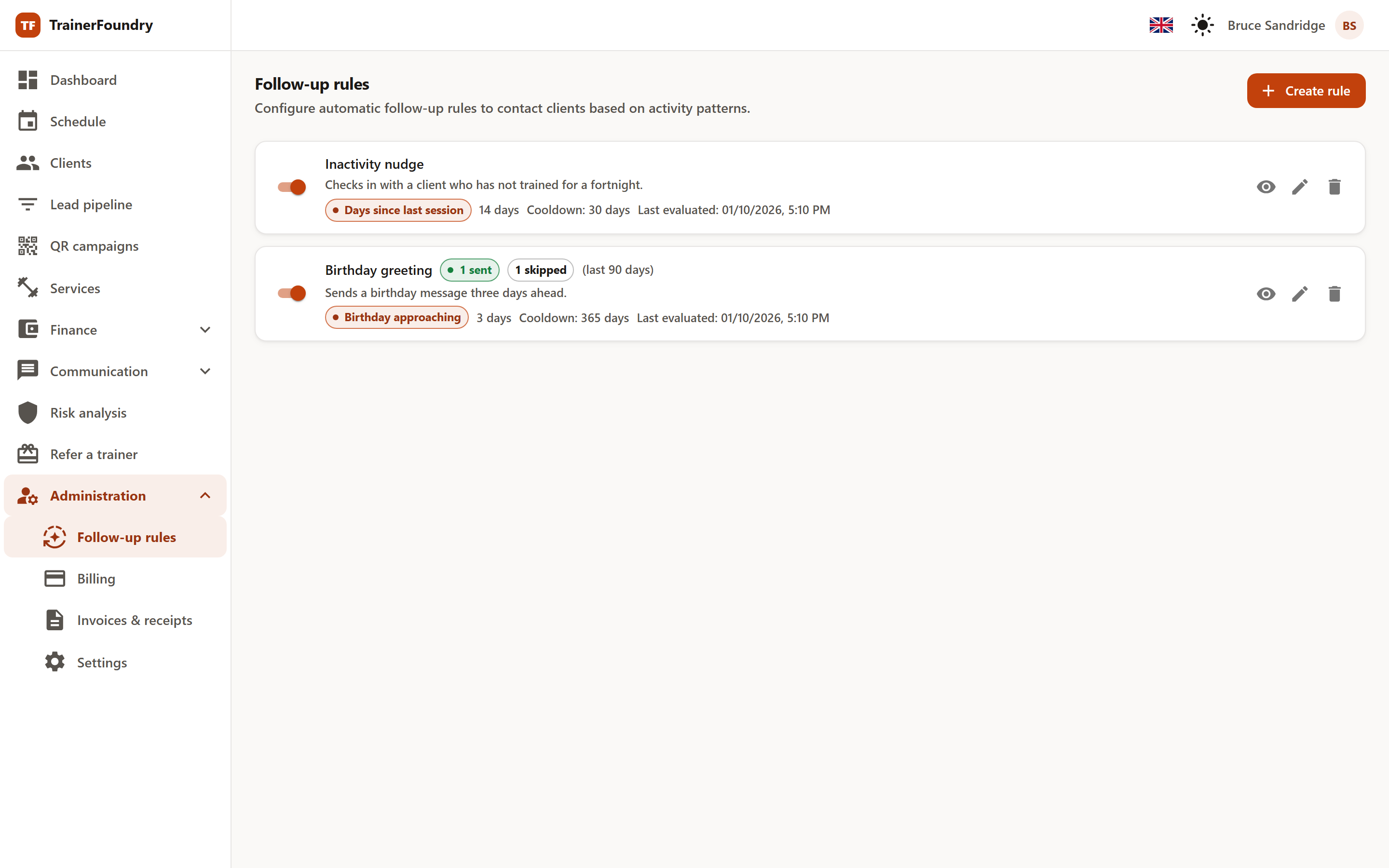 Screenshot: follow-up rules with triggers and execution log