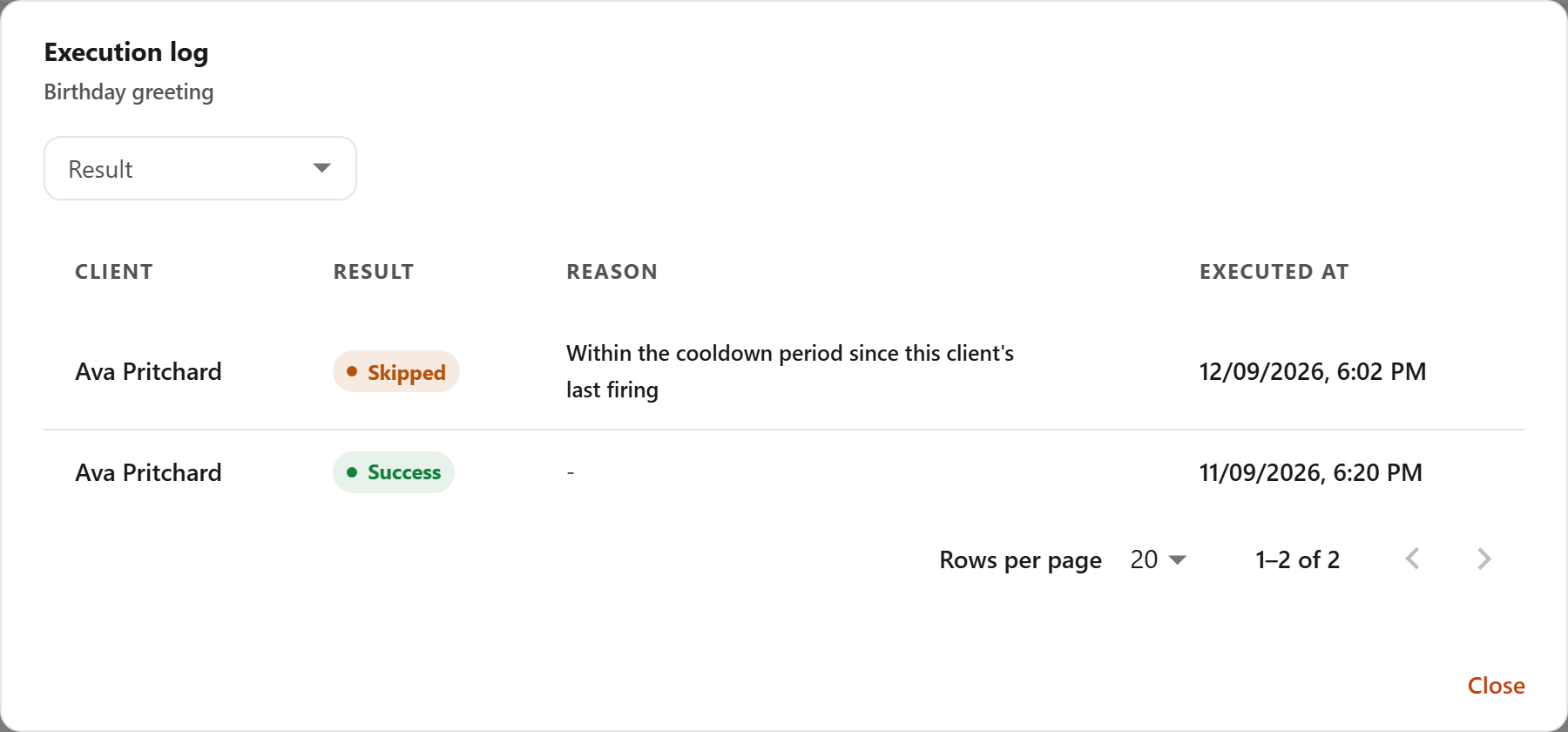 The 'Birthday greeting' rule's execution log with two rows for the same client: one 'Success' and, a day later, one 'Skipped' with the reason that the client is still within the cooldown period — each with client name, result, reason and time.
