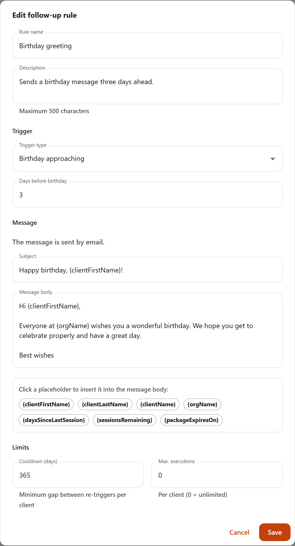 The rule form with rule name, description, the Trigger section with trigger type and threshold, the Message section with subject, message text and placeholder chips, and the Limits section with cooldown and maximum executions.