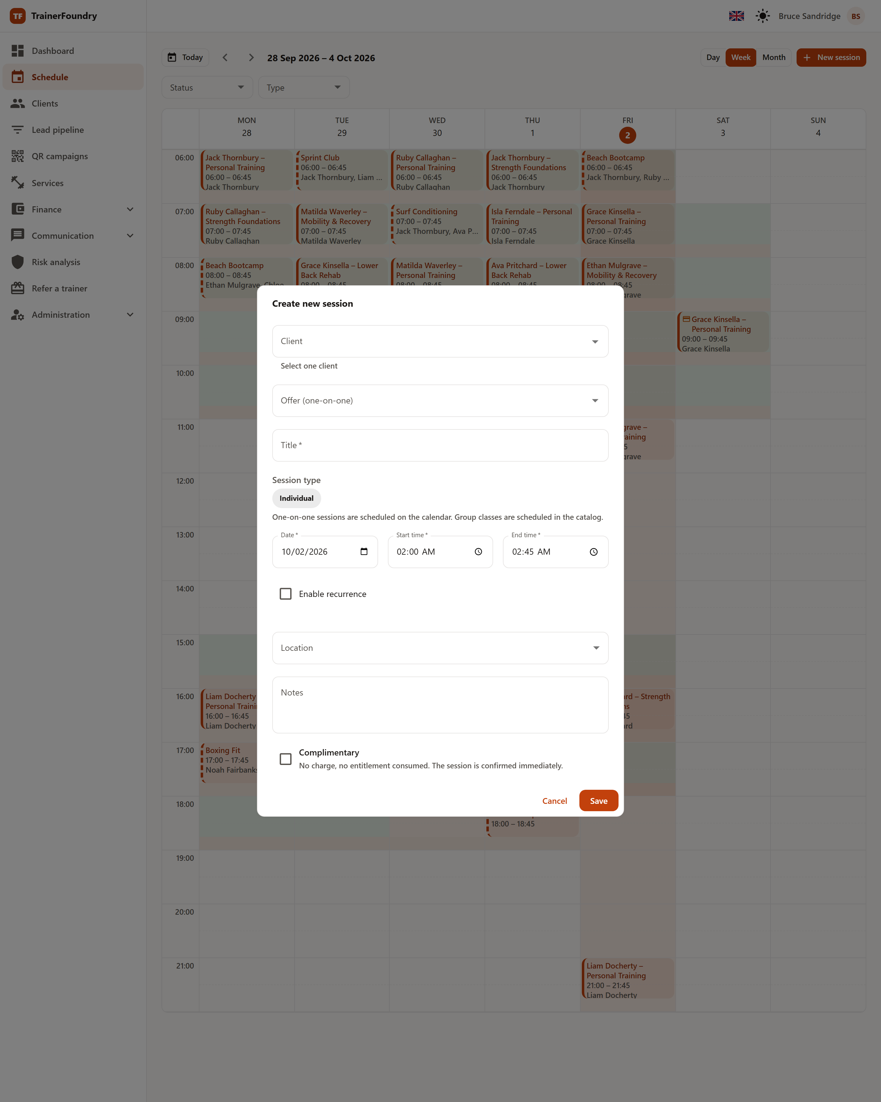 The “Create new session” dialog with the Client, Offer, Title, Session type, Date, Start time and End time fields.
