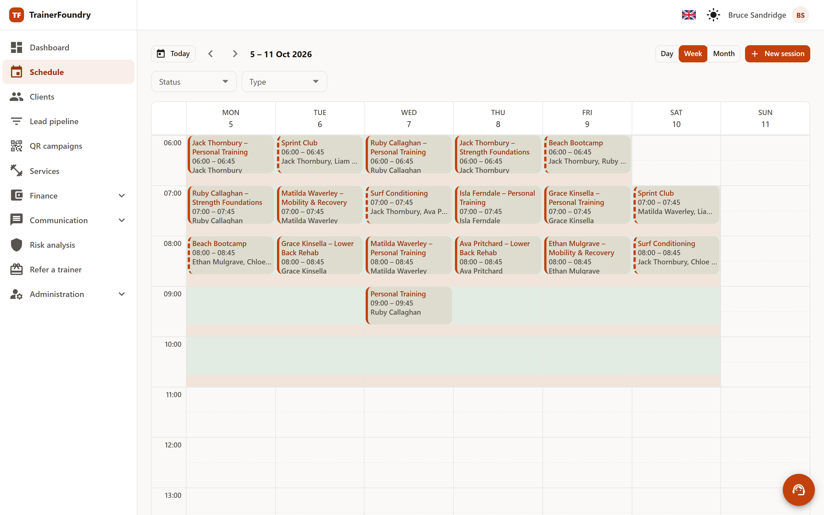 Screenshot: weekly calendar with sessions