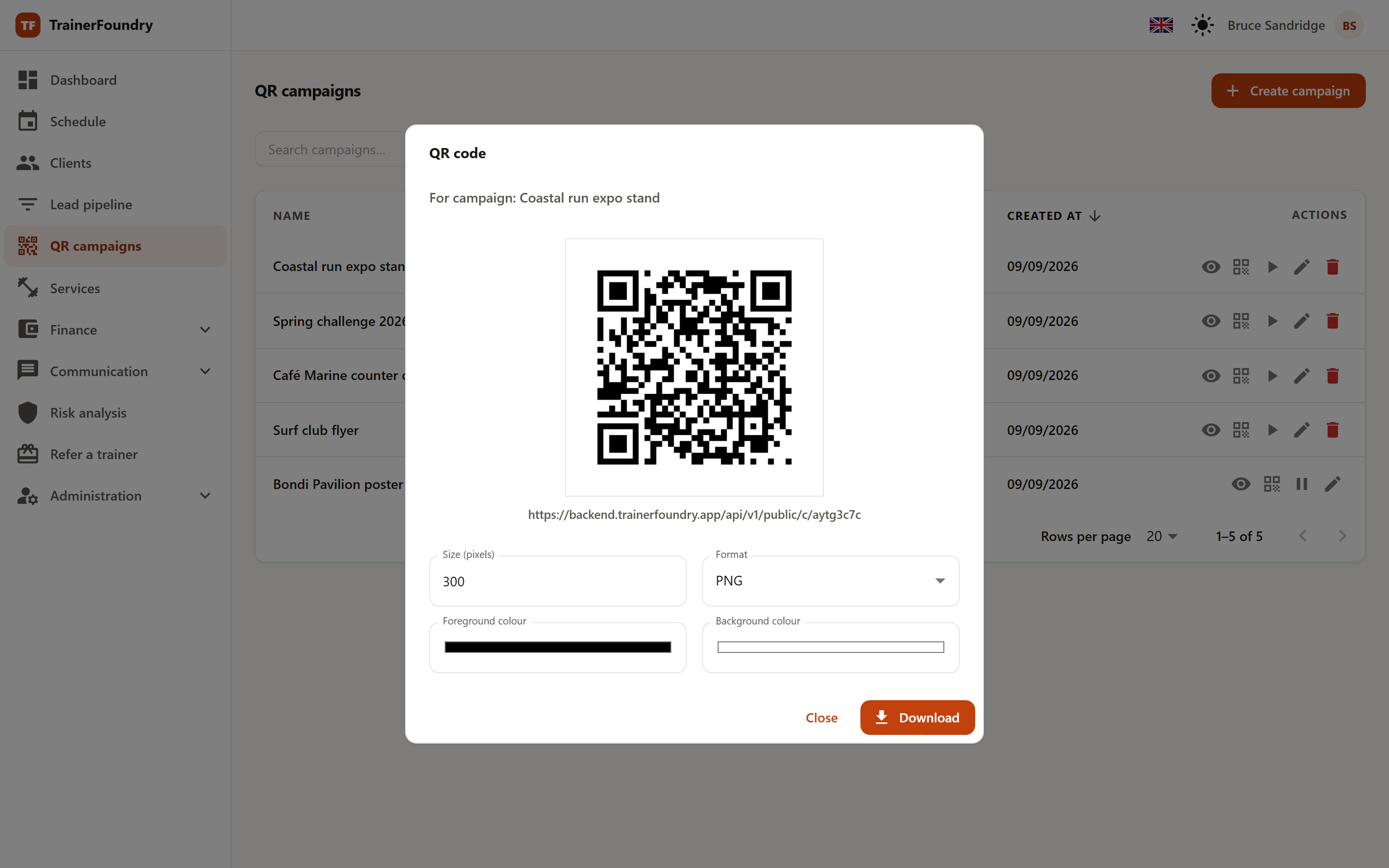 The “QR code” dialog with the code preview, the size, format, foreground- and background-colour settings, and the Download button.