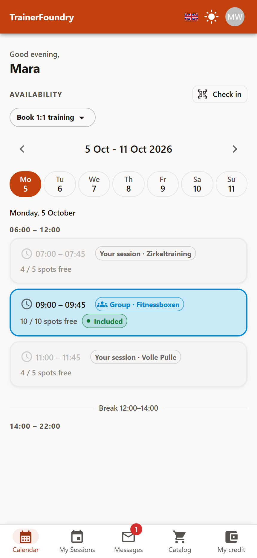 The Client App home screen on a phone: greeting, Check in button, the “Book 1:1 training” selector, a week strip and a Monday's day plan with one open group slot and two classes the client has already booked.