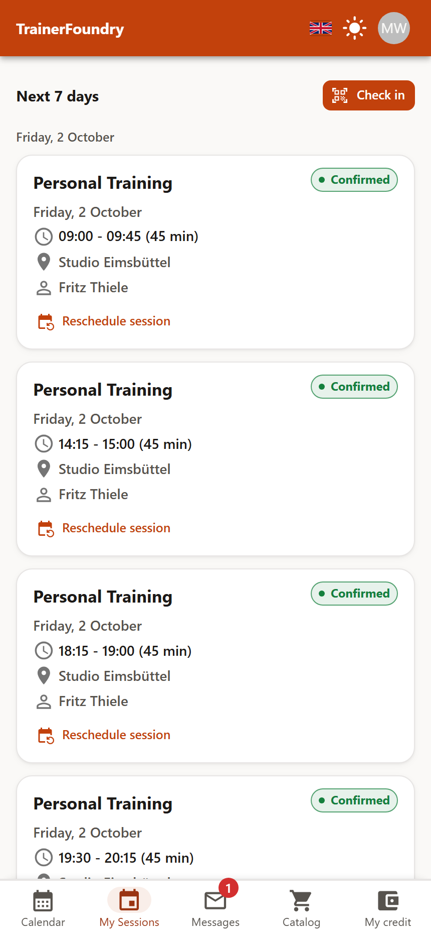 The “My Sessions” tab with four booking cards on the same day, each with training type, time, duration, location, the “Confirmed” badge and the “Reschedule session” action.