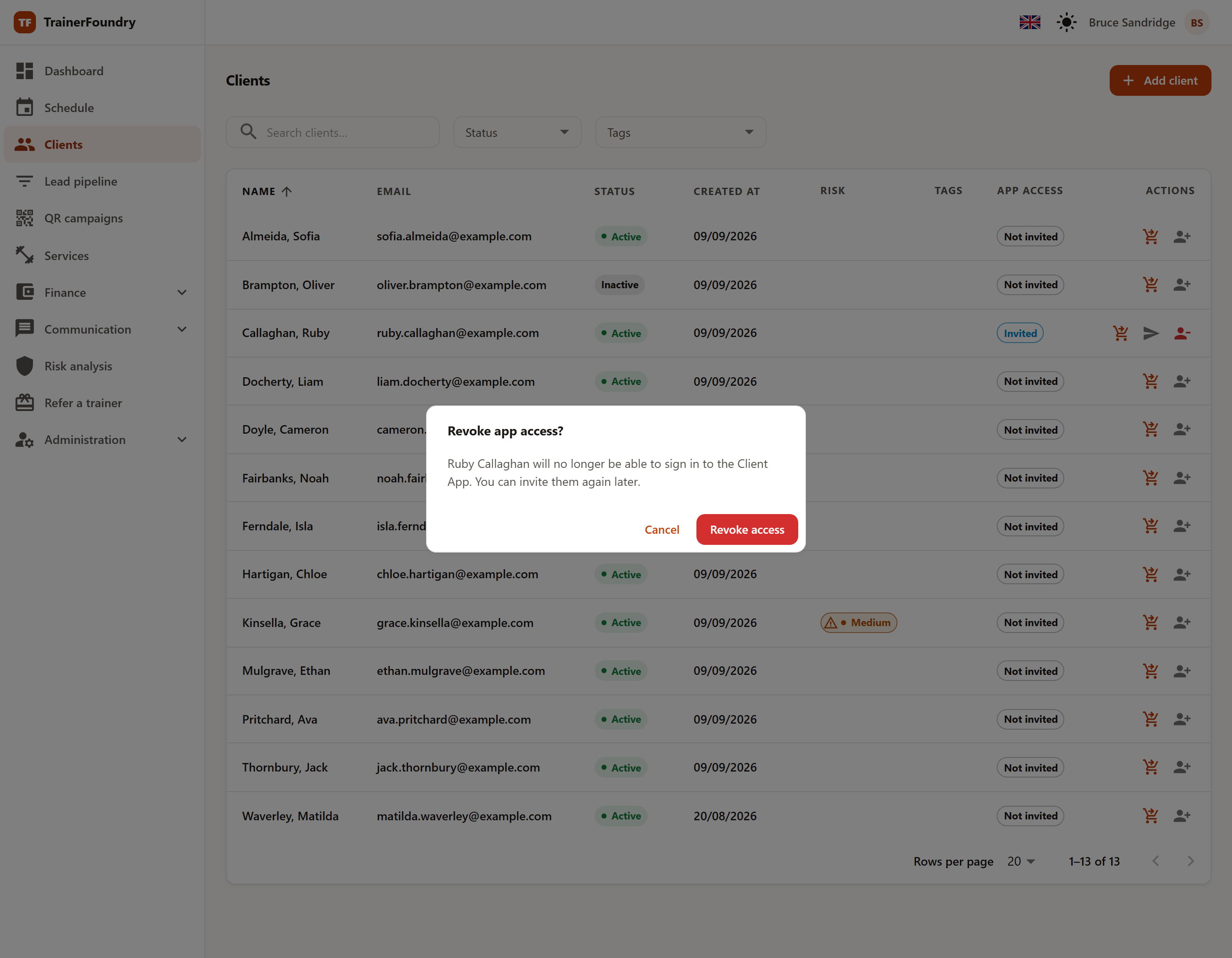 The 'Revoke app access?' confirmation, noting the client won't be able to sign in afterwards and can be invited again later.