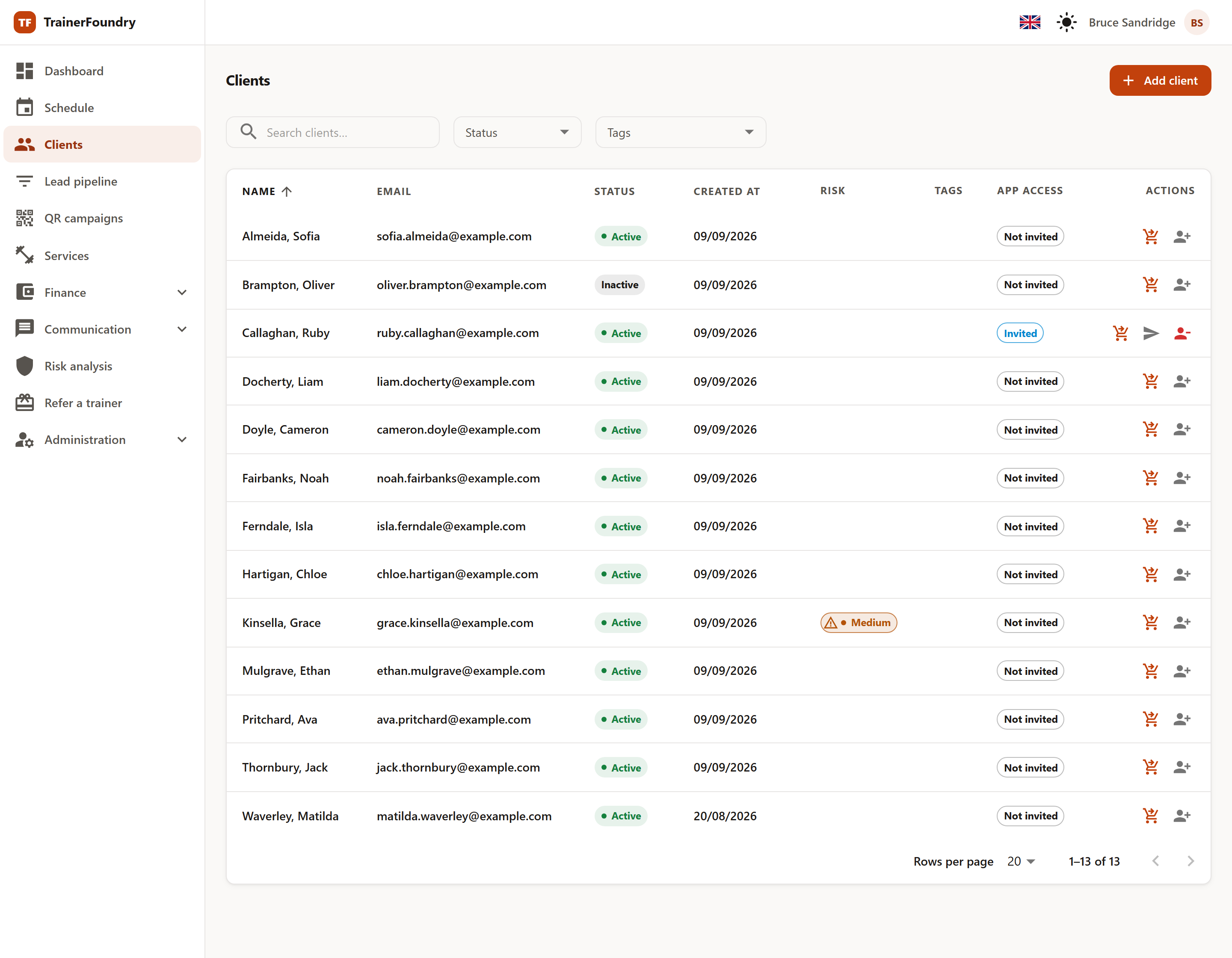 The client list with the App access column, showing the Not invited and Invited states, plus the row action icons on the right.