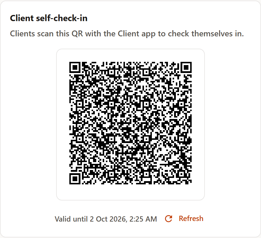 The “Client self-check-in” area with QR code, validity window and the Refresh button.