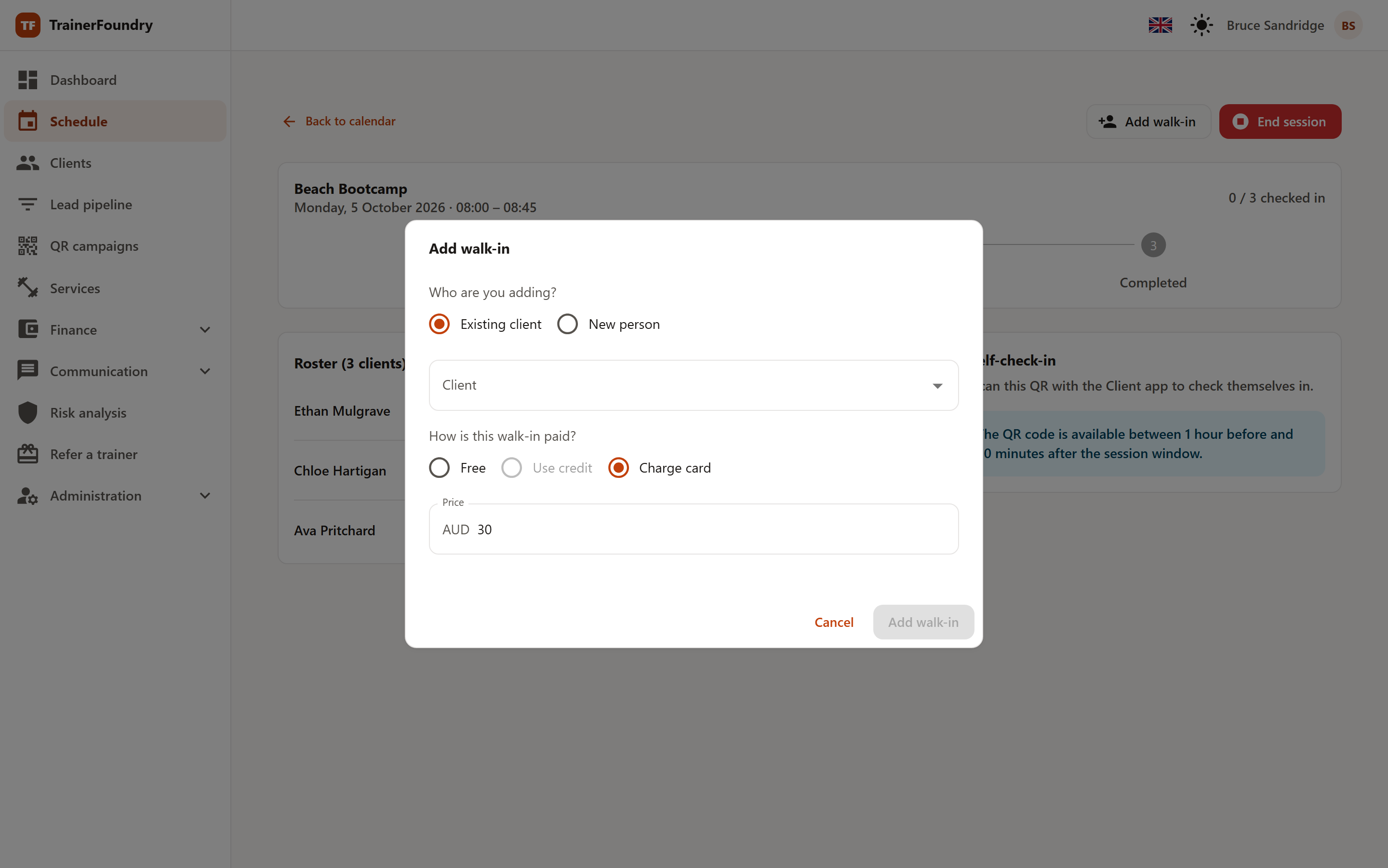 The “Add walk-in” dialog with the choice between existing client and new person, and the payment options; no client is picked yet, so “Charge card” is enabled at the session type's AUD 30 drop-in price while “Use credit” is disabled until a client is selected.