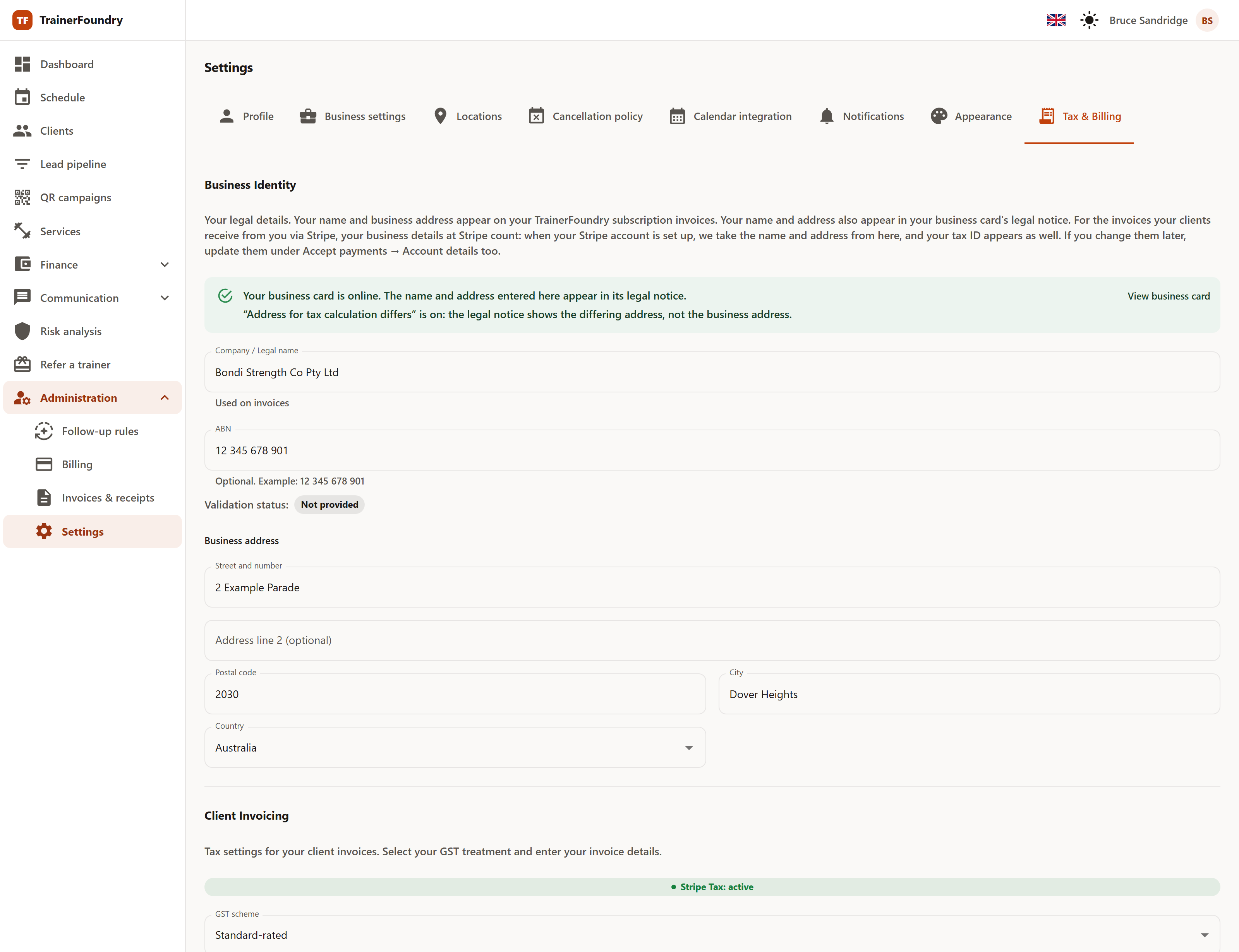 The tax settings with the tax-ID validation status, the business address and, below, the start of the Client Invoicing section: the note 'Stripe Tax: active' and the Standard-rated tax scheme.