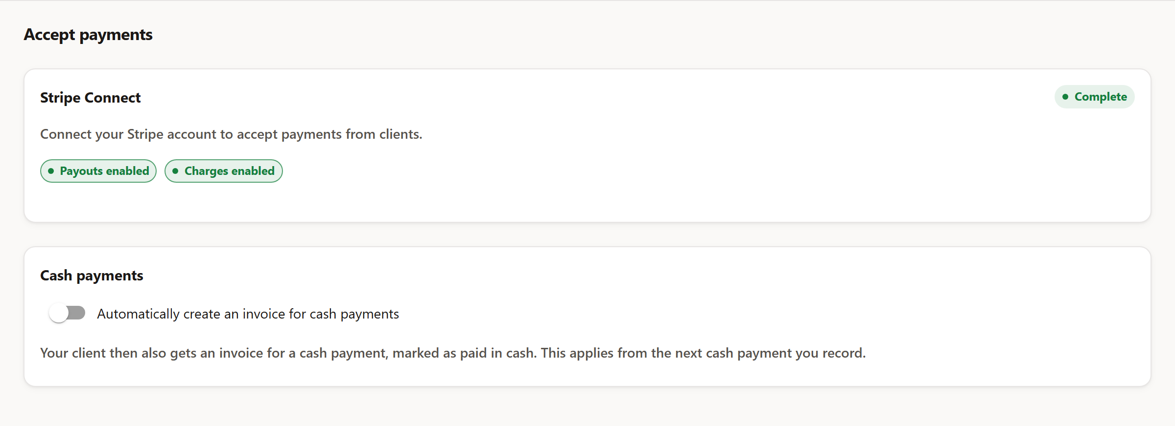 The 'Accept payments' page with the Stripe Connect card, the status badge, and the badges for enabled payouts and charges.