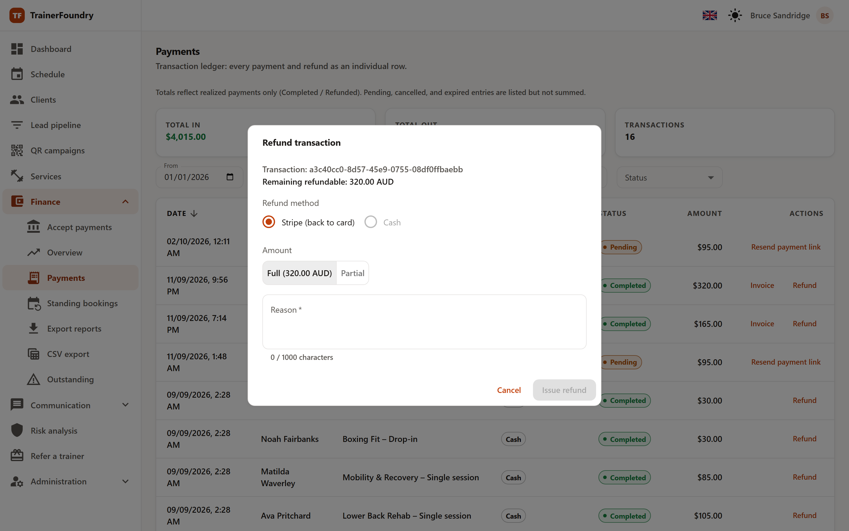 The 'Refund transaction' dialog with the remaining refundable amount, the Stripe or cash refund method, the choice between a full and a partial amount, and the reason field.