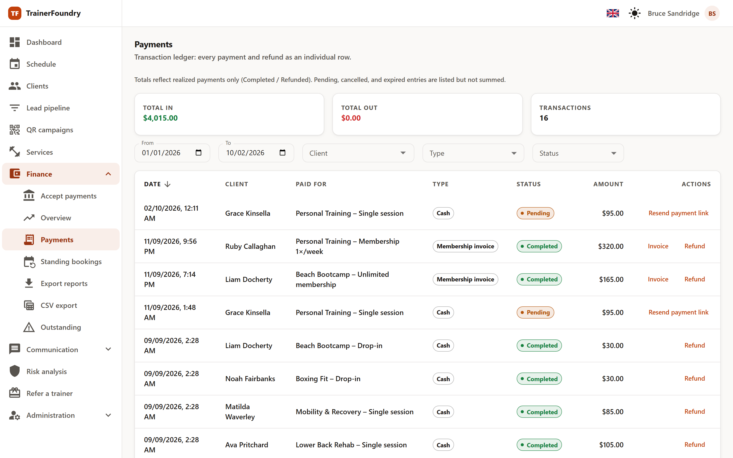 Screenshot: payment journal with Stripe payments